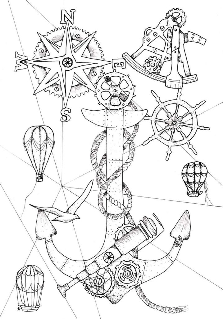 Steampunk Ocean: A Nautical Adult Coloring Book Device Interior